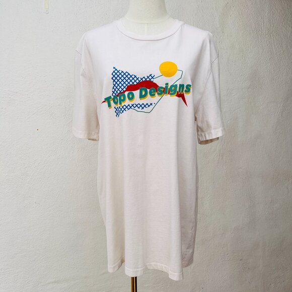 Topo Designs Men's Retro Logo Graphic Short Sleeve Cream Cotton T-Shirt Size L - Picture 4 of 14